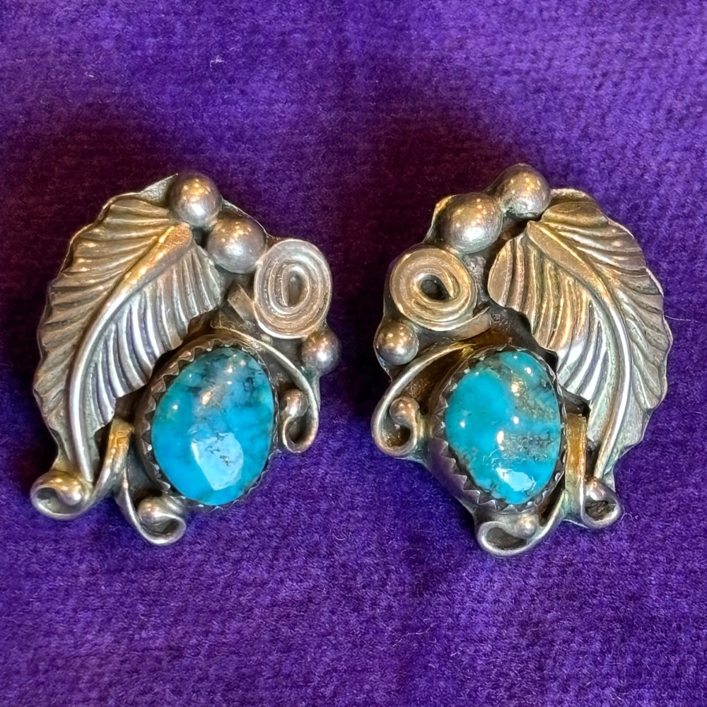 Vintage Native American Navajo Sterling Silver Turquoise Floral Feather Earrings